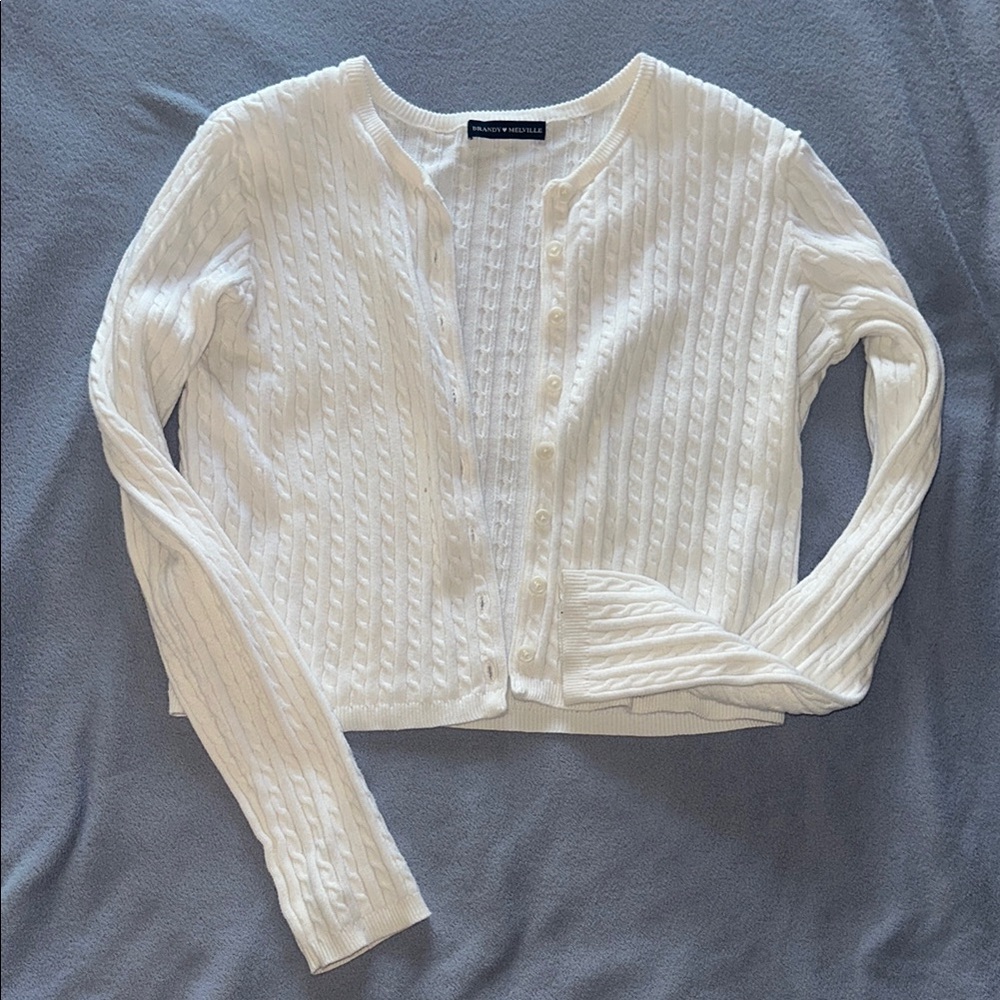 Brandy Melville Cream Cable-Knit Cropped Button Cardigan Sweater